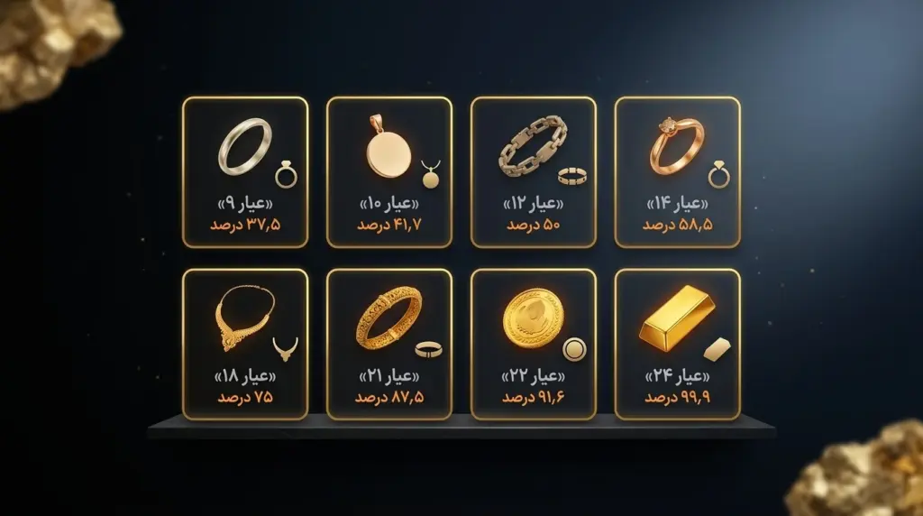 جدول عیار طلا از ۹ تا ۲۴ با درصد خلوص و کاربرد