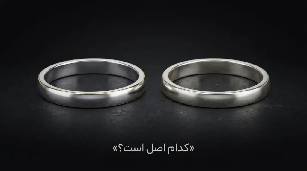 تصویر نزدیک از دو انگشتر مشابه در کنار هم، یکی نقره ۹۲۵ و دیگری آبکاری‌شده، با تفاوت جزئی در رنگ و براقیت.