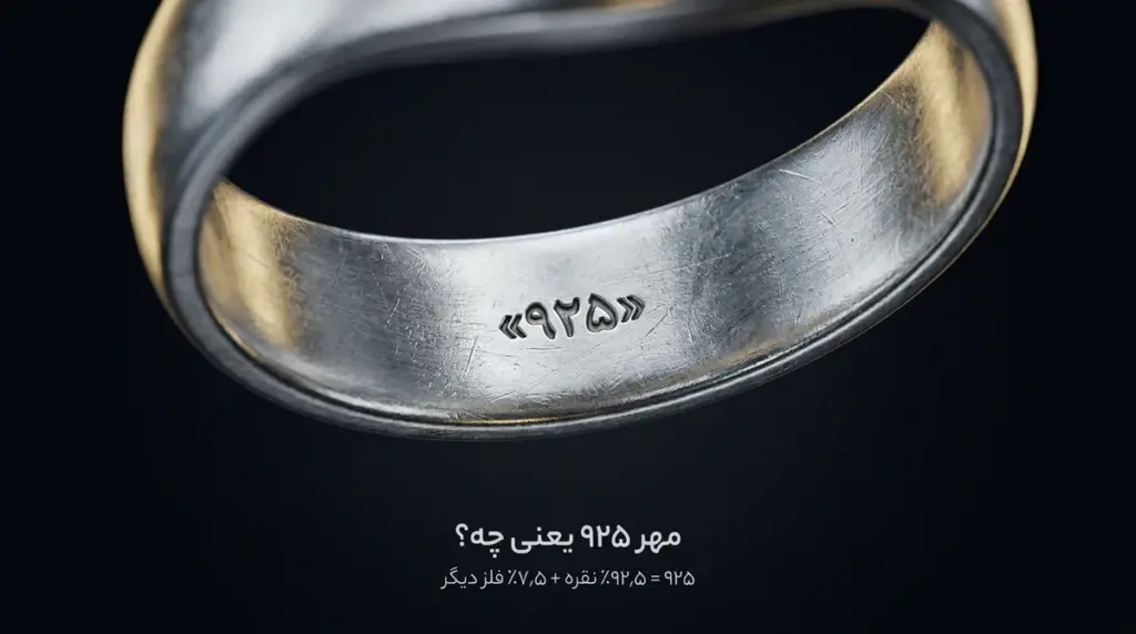 نمای بسیار نزدیک از مهر ۹۲۵ روی حلقه داخلی یک انگشتر نقره.