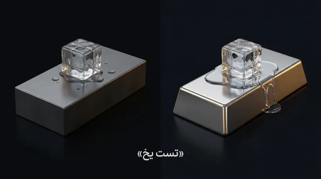 مقایسه هم‌زمان آب‌شدن دو تکه یخ، یکی روی شمش نقره و دیگری روی یک قطعه فلز معمولی.