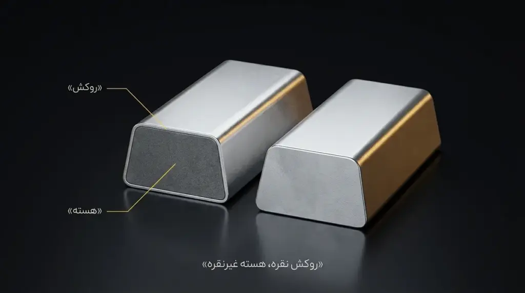نمای برش‌خورده یک شمش با روکش نقره و هسته متفاوت، در کنار یک شمش نقره یکپارچه.