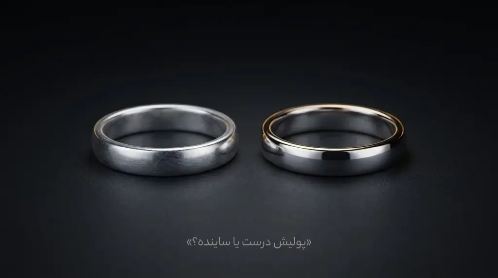 دو قطعه نقره مشابه در کنار هم؛ یکی با پولیش صحیح براق و دیگری با ریزخط‌های ناشی از روش ساینده نامناسب.