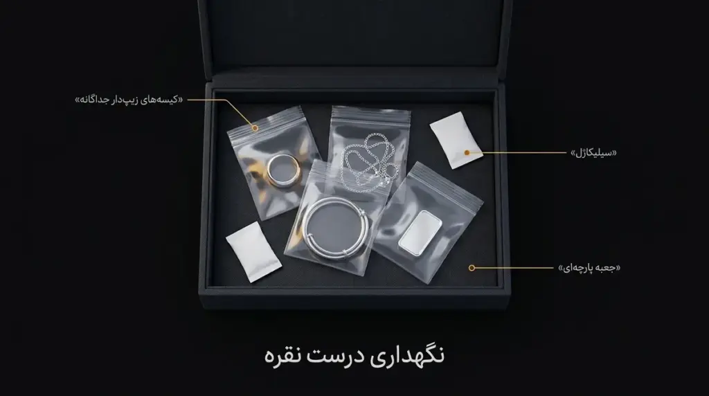 نمایش یک روش نگهداری استاندارد؛ چند قطعه نقره در کیسه‌های زیپ‌دار جداگانه همراه با بسته‌های سیلیکاژل داخل جعبه پارچه‌ای.